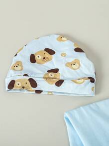 SHEIN 嬰兒男寶寶5入組連身衣、條紋褲、帽子、口水巾、束腹毯套禮物組 - 藍色 - 查看 8