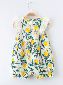 SHEIN Baby Girl Double Bow Ruffle Plants Print Romper