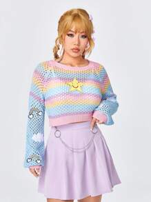 ROMWE Kawaii 女士星星刺繡彩塊空心毛衣 - 彩色 - 查看 3