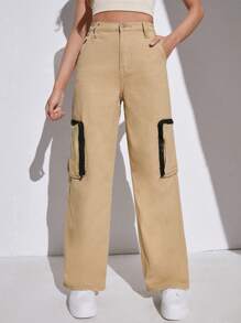 SHEIN Teen Girl's Cargo Style Pocketed Straight Leg Jeans - Khaki - View 1