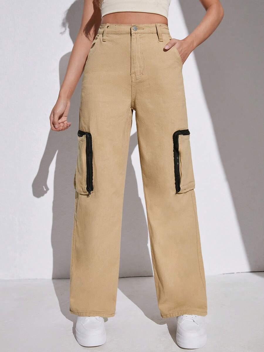 SHEIN Teen Girl's Cargo Style Pocketed Straight Leg Jeans - Khaki - View 1