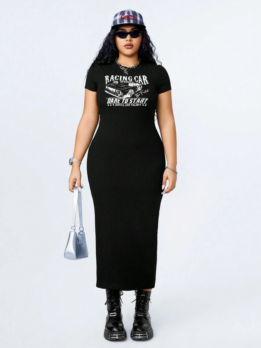 SHEIN Coolane 女式大碼字母和汽車印花連身裙 - 黑色 - 查看 1