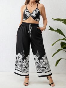 Breezaya Plus Size Women's Floral Print Tank Top And Loose Pants Two Pieces Set