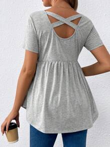 SHEIN Maternity Casual Back Cross Hollow Out Short Sleeve T-Shirt With Curved Hem