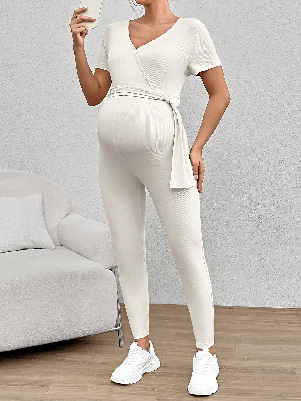 Maternity Casual Cross V-Neck Bodycon Jumpsuit