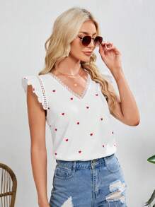 SHEIN Tall Women's Heart Pattern Printed Lace Trimmed Cap Sleeve Blouse - White - View 6