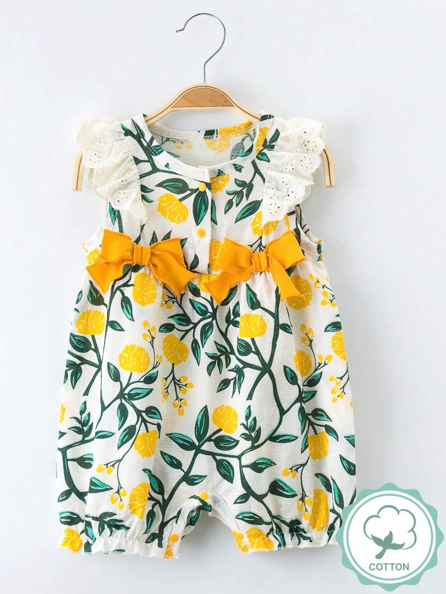 SHEIN Baby Girl Double Bow Ruffle Plants Print Romper