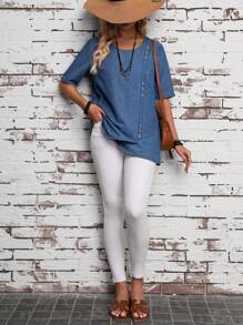 SHEIN LUNE Top De Mezclilla Con Botones Adornados En El Dobladillo Envolvente - Azul - Ver 8