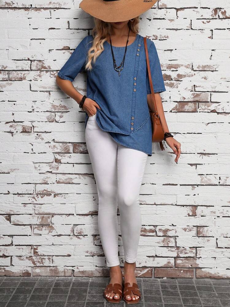 Button Decorated Wrap Hem Denim Top