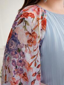 Modelyn 大尺寸褶皺長袖花卉印花插肩袖連身裙 - 藍色 - 查看 3