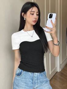 DAZY Ladies' Color Block Stitching Two-In-One Round Neck Slim Fit Short Sleeve T-Shirt Summer