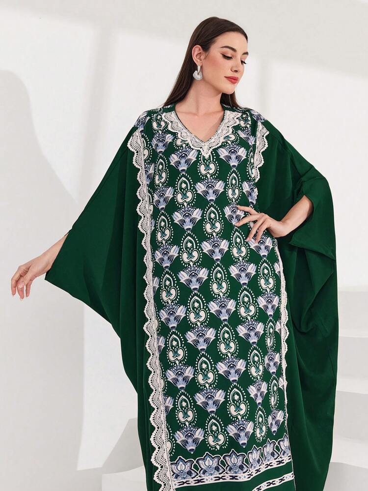 Ladies' Printed Patchwork Lace Border Batwing Sleeve Dress Kaftan Jalabiya Dress