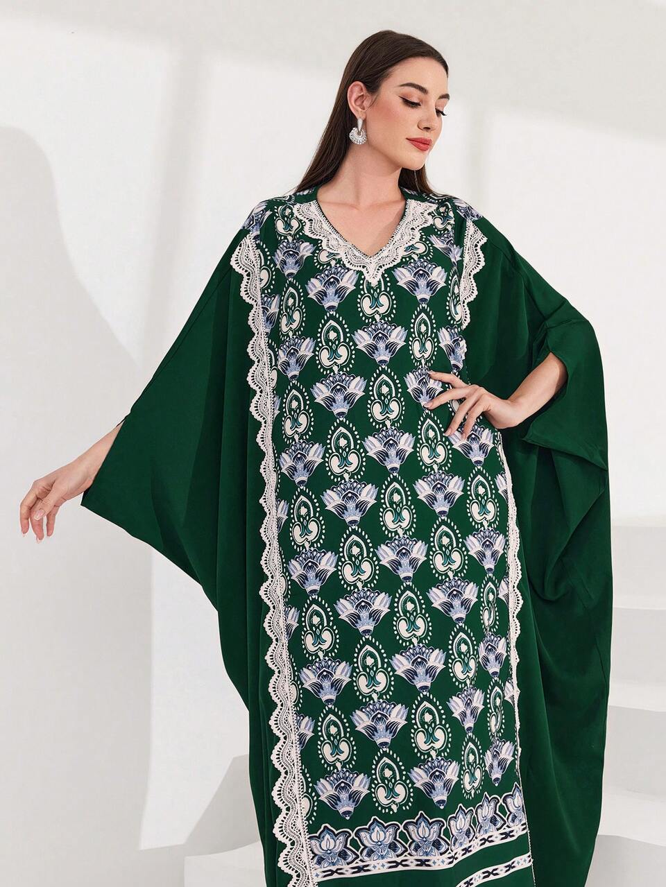 Ladies' Printed Patchwork Lace Border Batwing Sleeve Dress Kaftan Jalabiya Dress