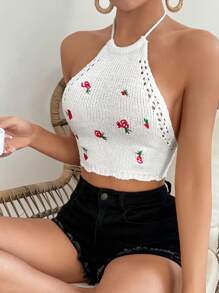 Chiquease Gestricktes Top Mit Blumenstickerei, Offener Rücken Und Halter-ausschnitt Design