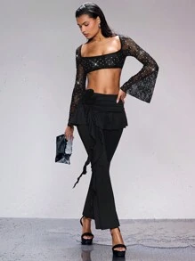 SHEIN BAE 女款褶皺2-in-1花邊超低腰長褲 - 黑色 - 查看 3