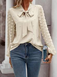 SHEIN Clasi 女式打結領假珍珠裝飾燈籠袖襯衫 - 杏色 - 查看 5
