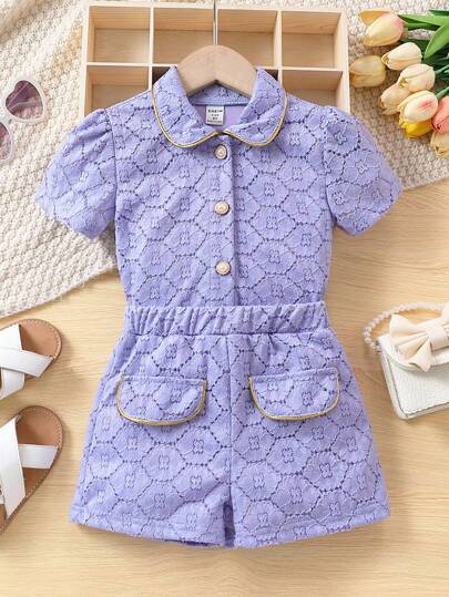 SHEIN 少女淺紫色蕾絲領短袖上衣和短褲套裝