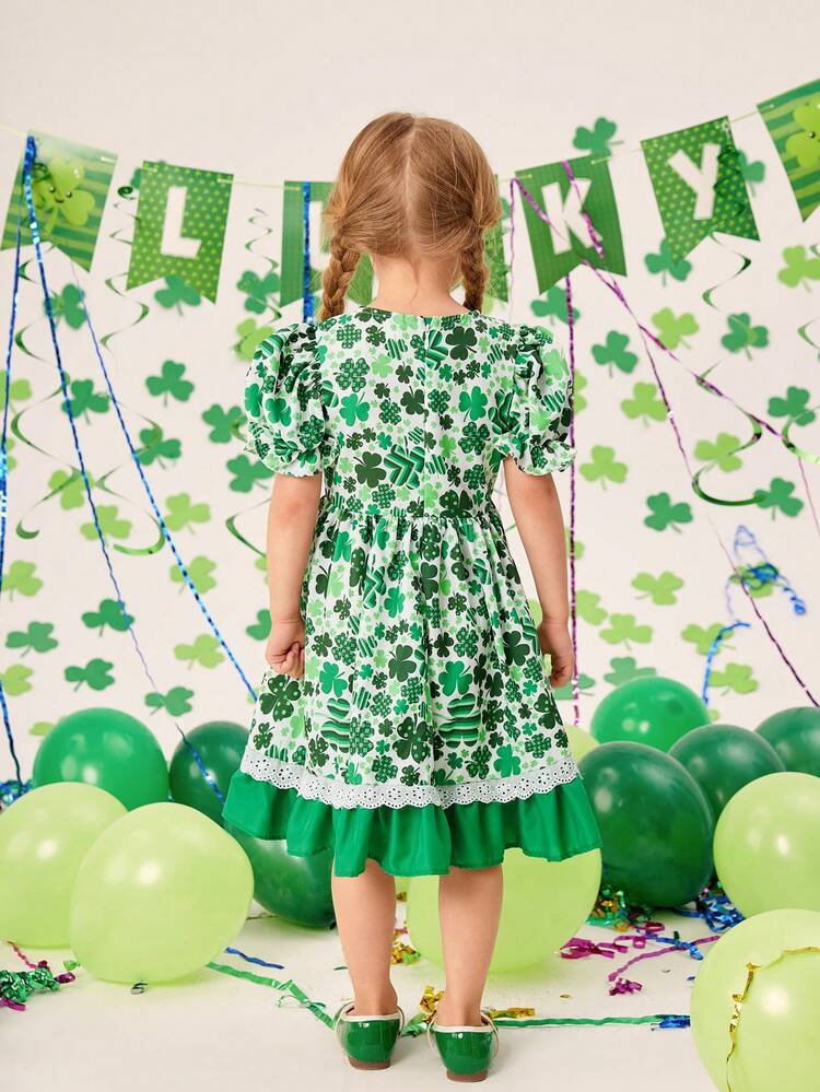 Girl'S Plant-Printed Puff-Sleeved Dress With Bow Decoration