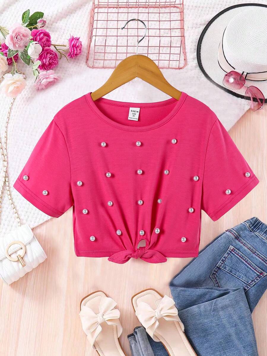 SHEIN Áo thun ngắn tay cổ tròn đính hạt hoa hồng cho bé gái tuổi teen, áo đôi mẹ và bé (hai món được bán riêng) - Màu Hồng Tươi - Xem 1