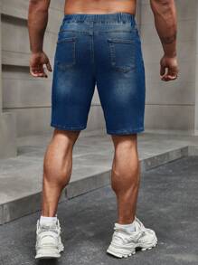 Manfinity Homme 男士束口腰帶口袋牛仔短褲，純色深藍色度假復古款與朋友一起 - 藍色 - 查看 2