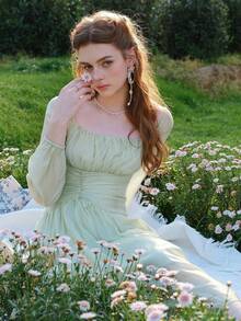 Women's Solid Color Ruffle Hem Pleated Dress - Mint Green - View 7