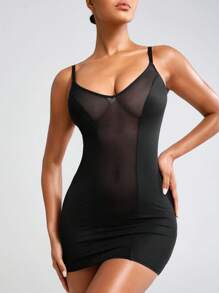 Women's Mesh Panel Tummy Control Bodycon Dress With Spaghetti Straps