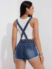 SHEIN EZwear Mono Corto De Mezclilla Desgastado Para Mujer - Azul lavado medio - Ver 3