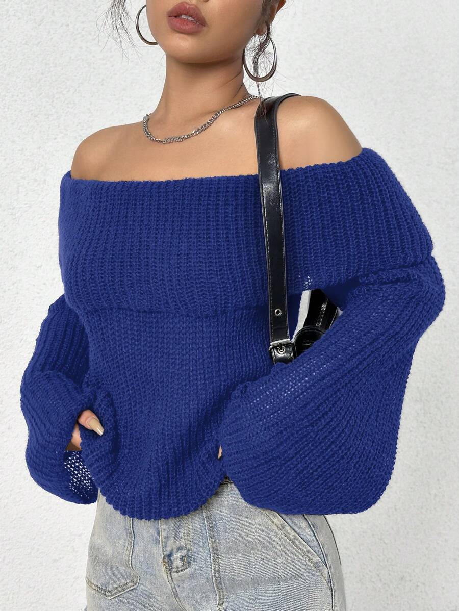 SHEIN Unity 女士露肩喇叭袖针织套头衫，秋冬款 - 藍色 - 查看 1