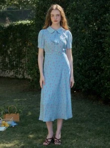 Simple Retro Women'S Printed Peter Pan Collar Long Fish Tail Dress Cottagecore Dress - Baby Blue - View 6