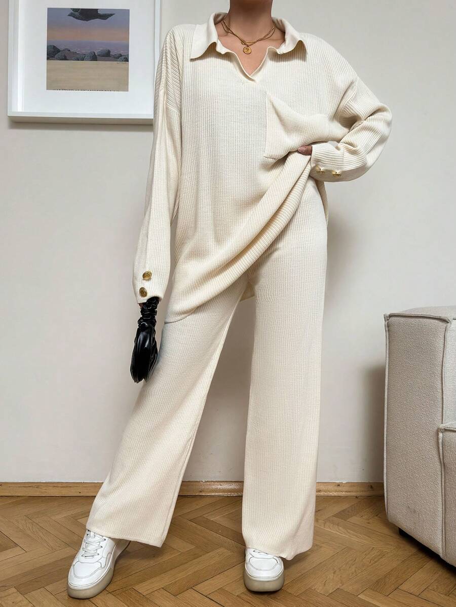 EURMUSE Drop Shoulder Pocket Patched Sweater & Knit Pants - Apricot - View 1