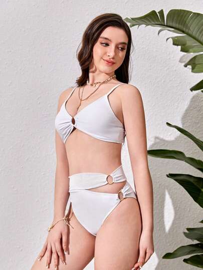 少女纯色镂空比基尼套装两件套夏季海滩