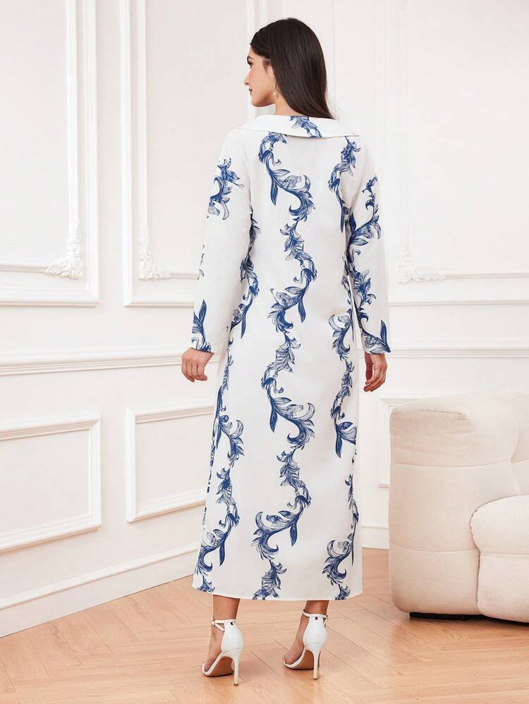 Women's Baroque Print Shirt Dress With Bow Decoration
