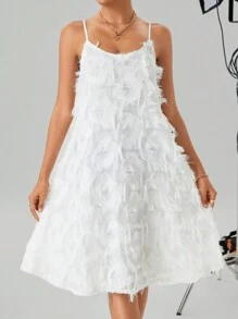 Chiquease Ladies' Solid Color Fringe Spaghetti Strap Dress - White - View 6