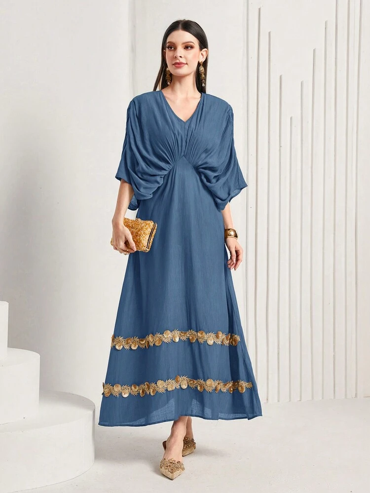 Women's V-Neck Batwing Sleeve Embroidery Detail Kaftan