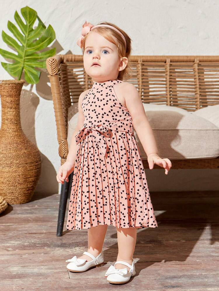Baby Girl's Summer Holiday Polka Dot Halter Neck Dress With Waist Belt And Pleated Dress