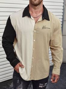 Manfinity Homme Men's Plus Size Color-Blocking Letter Printed Long Sleeve Shacket - Multicolor - View 1