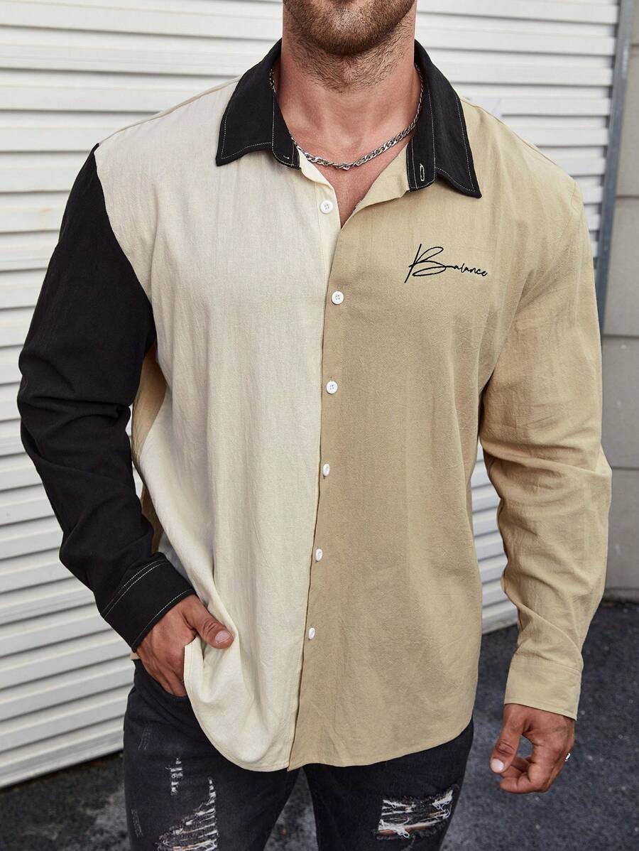 Manfinity Homme Men's Plus Size Color-Blocking Letter Printed Long Sleeve Shacket - Multicolor - View 1