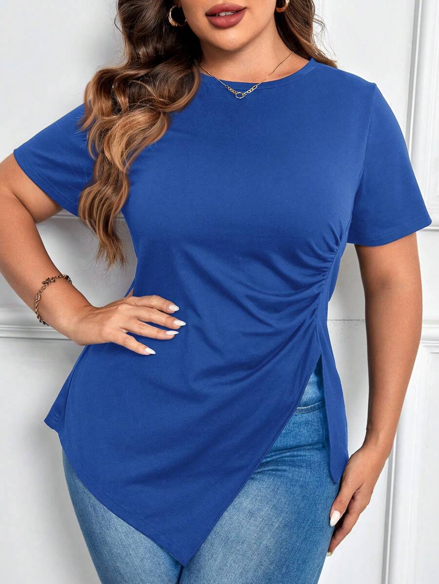 SHEIN LUNE 大码女式褶皱不对称下摆 T 恤