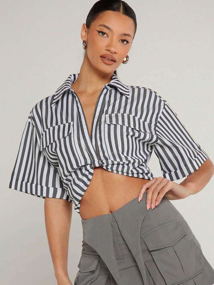Striped Crop Flap Pocket Shirt