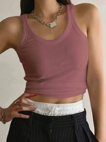 DAZY Top de tanque sin mangas para mujeres con cuello redondo de unicolor para el verano - Rosado Sandía - Ver 2