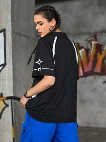 Streetz SHEIN Sport Motorcycle Inspired Loose Fit Sporty T-Shirt With Turn-Down Collar