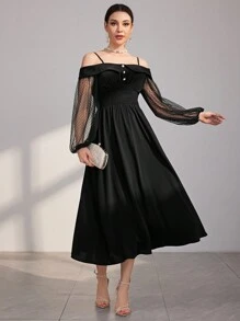 Modelyn Women's Hollow Out Shoulder & Mesh & Lantern Sleeve Dress