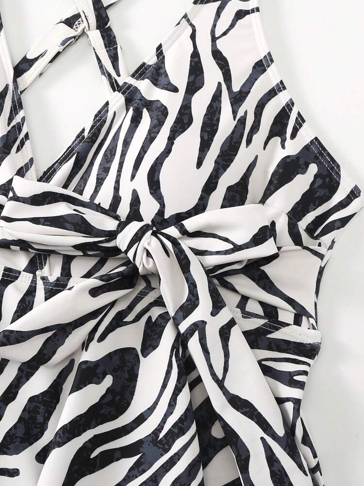 Summer Women's Zebra Pattern Back Cross Halter Tankini Swimwear