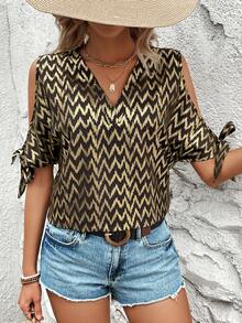 SHEIN LUNE Women's Shirt With Shiny Golden Stripe - Black - View 3