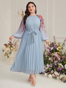 Modelyn 大尺寸褶皺長袖花卉印花插肩袖連身裙 - 藍色 - 查看 7