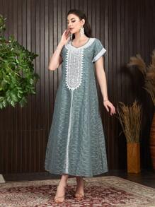 Al Najma 蕾絲拼接翼袖短袖伊斯蘭風長袍連衣裙