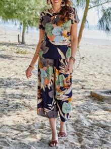 Sylviya Sommer Druck Rundhals Kurzarm Und Weite Beinhosen Frauen Zweiteiliger Satz Für Landschaft Und Strandurlaub - Verschiedenfarbig - Übersicht 5