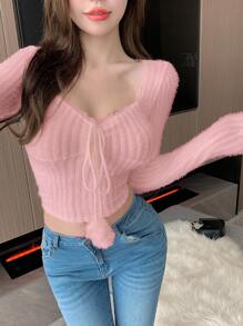 DAZY 女絨球細節正面繫帶短版 T 卹 - 粉色 - 查看 2
