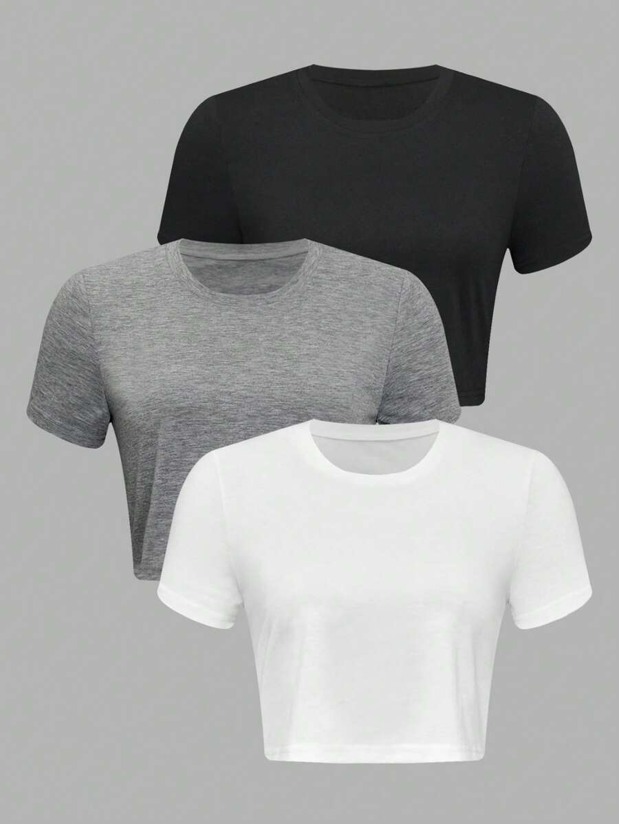 SHEIN Unity Của phụ nữ Màu thuần Vòng cổ Ngắn tay Áo thun - Nhiều màu - Xem 1