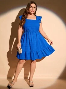 SHEIN LUNE Plus Size Solid Color Square Neckline Ruffled Hem Dress - Royal Blue - View 5